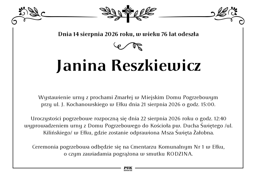 Janina Reszkiewicz - nekrolog
